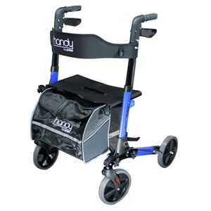 Andadera plegable con ruedas, asiento, porta bastón y ajuste de altura, color azul - Marca Handy