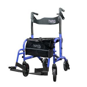 Andadera plegable híbrida con ruedas, altura regulable y asiento color azul - Marca Handy