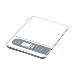 Balanza digital de mesa, color blanca, desde 1 g a 20 Kg, con memoria - Marca Beurer.